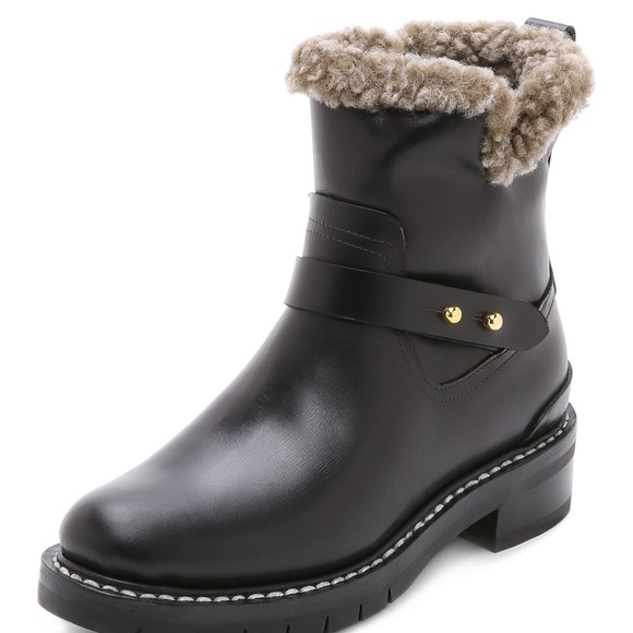 rag & bone Shoes - rag & bone Black Leather Combat Boots with Shearling Trim